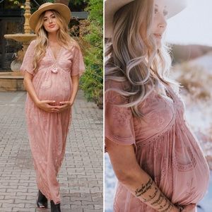 Light Pink Lace Mesh Overlay Maternity Maxi Dress